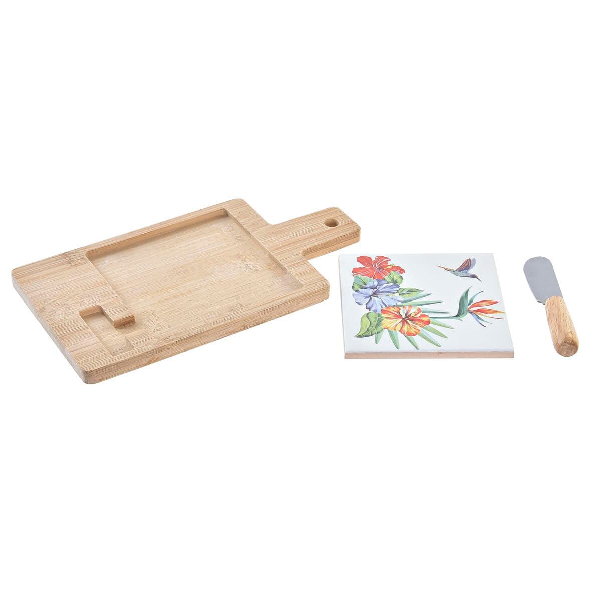 Cheeseboard DKD Home Decor Bamboo Aluminium Stoneware 21,5 x 11,8 x 1,5 cm (3 Pieces)