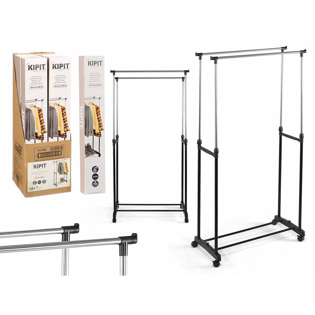 Coat Stand with Wheels Kipit Black Stainless steel Plastic 80 x 43 x 160 cm