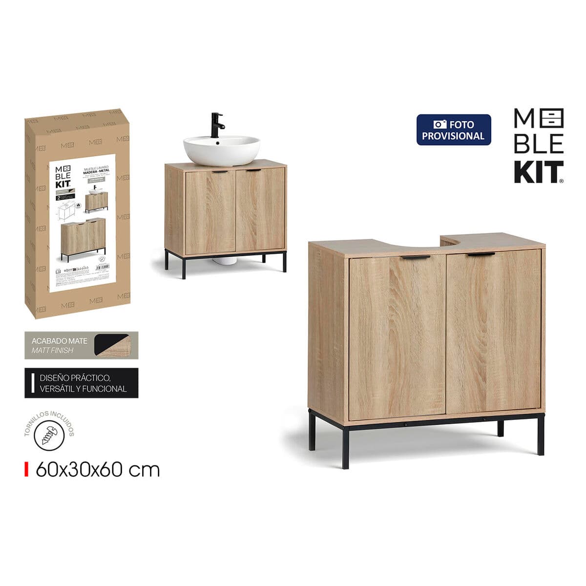Under Sink Cabinet MobleKit Brown Black Wood Metal 60 x 30 x 60 cm